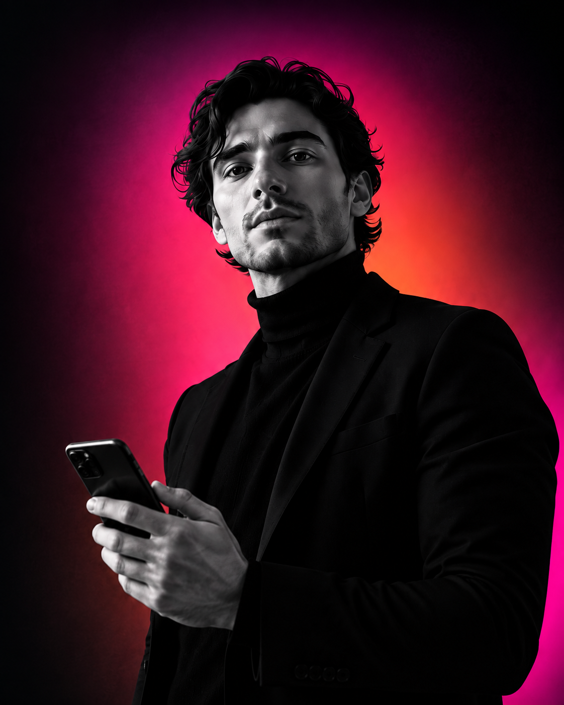 Profesional con un teléfono sobre un fondo fucsia y naranja
